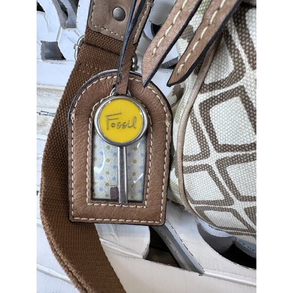 FOSSIL KEYPER Canvas & Leather LINEN / TAN / LEMON Crossbody Messenger Bag - Picture 7 of 14